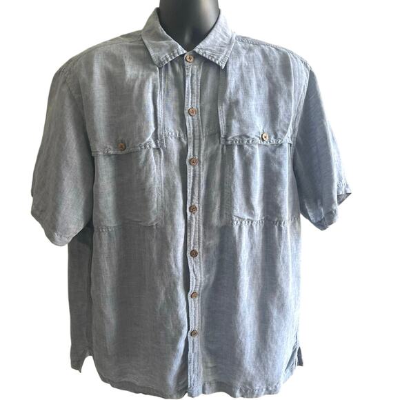 Chambray Short Sleeve Button Shirt Men’s L Linen Blend Utility Pockets Casual - Picture 1 of 6